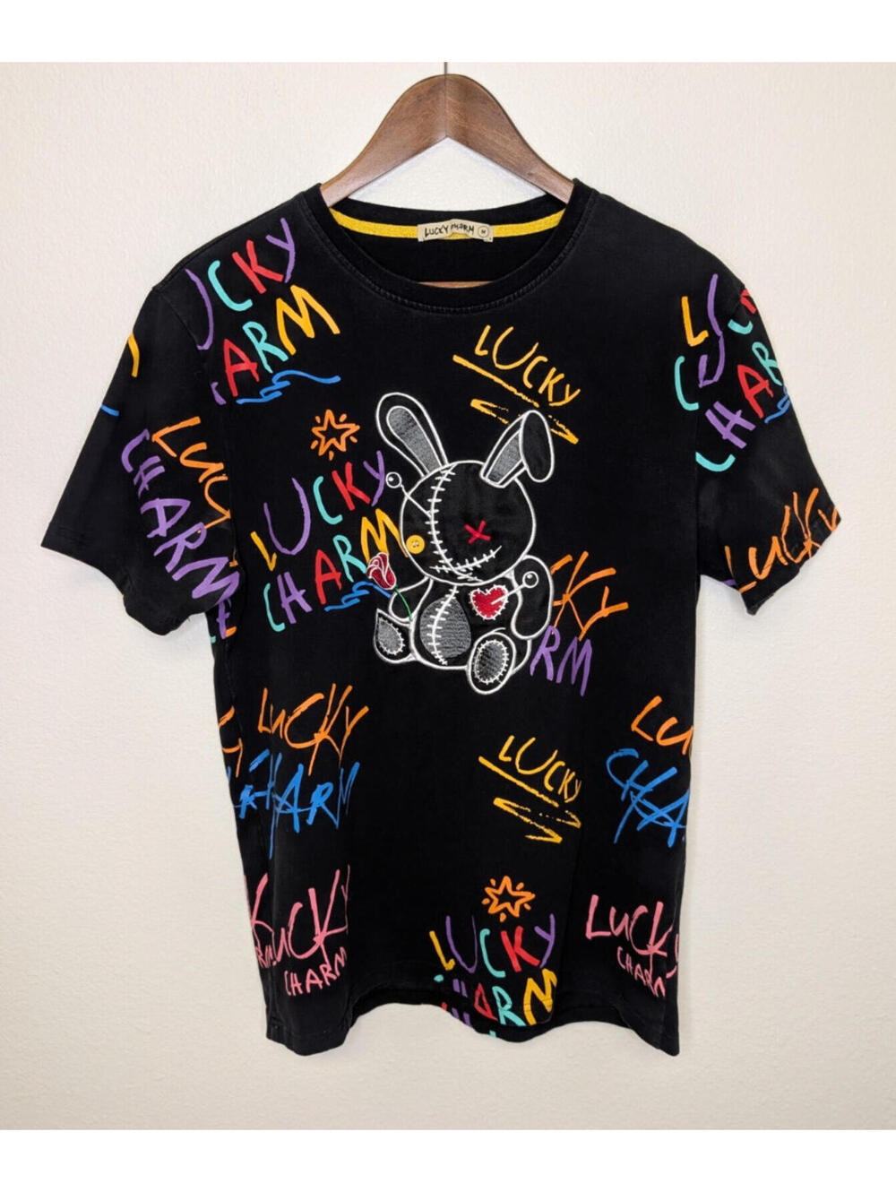 Lucky Charm Shirt Mens Sz M Black Geometric Embroidered Doodle Bunny